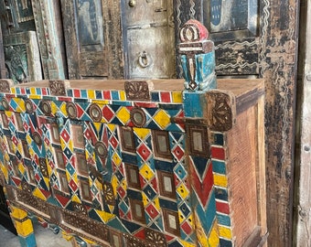 Tribal Indian Antique Traditional Damchiya, Chest, Colorful Paintings, Mirrors, Eclectic Console Accent HALL Table, Hand carved Interior