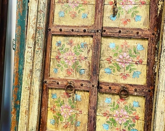 Antique Indian Door, Indian Carved Doors, Exterior Front Doors, Yellow Garden Door, Farmhouse Doors, Marigolds Painted Door, Old door 74x41