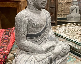 Sitting Garden Buddha Statue, Gray Granite Buddha Statue from India, Meditating Buddha, Handmade yoga Sanctuary Statue, Unique Eclectic