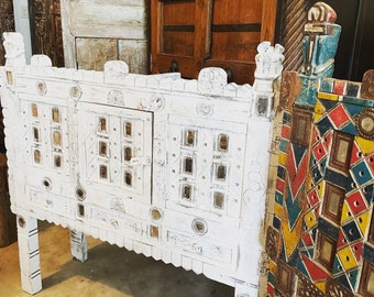 Vintage Indian "Damchiya" Hall Table, White Hope Chest, Console Tribal Storage Boho Reclaimed Wood