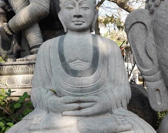 PRE ORDER-Natural Stone Meditating Buddha Garden Statue, Dhyana Budha Handcarved Granite Stone Zen Outdoor Meditating Sculptures