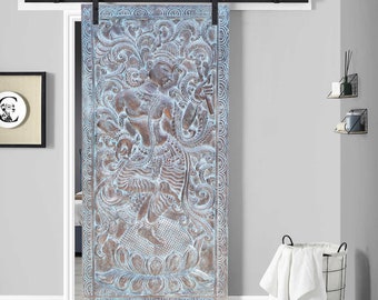 Dancing Krishna Carved Barn Door Panel, Wood Wall Hanging, Vintage Blue Krishna Fluting Carving, Sculpture Panel, Artistic DECOR