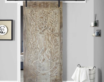 Fluting Krishna Carving, CUSTOM Sliding Door, Vintage Whitewash Barn Door, Organic Carved Wall Sculpture, Indian Artistic Elements 83x36