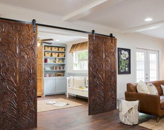 Vintage Sliding Barn Door, Rustic Wall Art, Artistic Barn Doors, Pair, Tree Of Life Carving Door Panel, Yoga Interior Design 80
