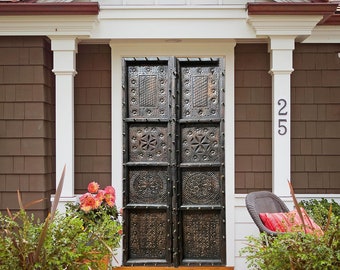 Rustic Carved Sliding Door, Antique Pair Dark Teak Carved Door from India, Headboard, Ornate Door, Custom Doors, Interior Garden Doors 80x38