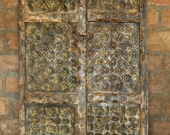 Country Farmhouse Garden Doors, Rustic Indian Teak Door Panels, 2 Hand-Carved Doors, Yellow Daisies Ochre Barn Door Panels 80