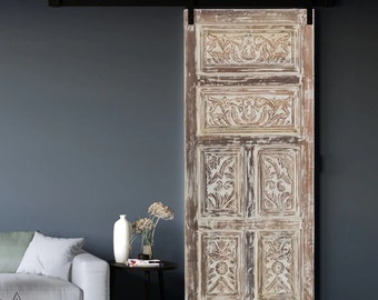 Distressed White Carved Barn Door, Indo French Sliding Door, Bedroom Entrance Door, Farmhouse, Studio Custom Doors, Eclectic Unique 80x36