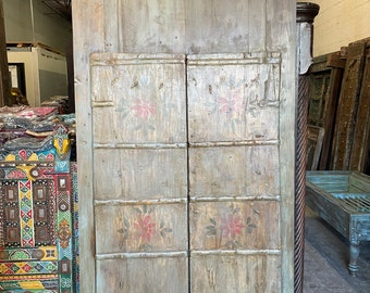 Antique Indian Door Panels, Floral Handmade Print Doors, Vintage Interior Design, Old Teak Doors, Rustic Boho Farmhouse Doors,  84x40