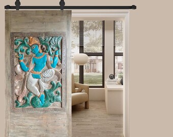 Hand Carved Krishna Barndoor, Wall Art, Fluting Krishna Barn Door, Artistic Indian Door, Boho Eclectic Sculpture Wall Art