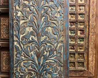 Bodhi Tree of Life Carved Barn Door, Vintage Blue Sliding Door, Barndoor, Artistic Door, Unique Eclectic Decor, Closet Door 84x40