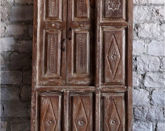 Whitewash Haveli Antique Indian Doors With Frame, Vintage Rustic Doors With Detailing, Unique Architecture Design, 19c, 84x39