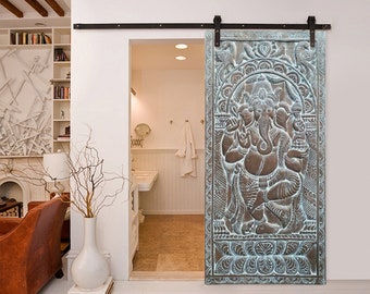 Vintage Carved Ganesha Panel, Hindu God of Wealth, Indian Wall Panel, Barn Door Artistic Hand-Carved Wall Art Hallway Decor