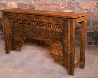 Rustic Console Table, Vintage Wood Rajwada Carved Brown Hues Mantle, Hall Table, Sofa Table, Media Console Table Stunning Statement Decor