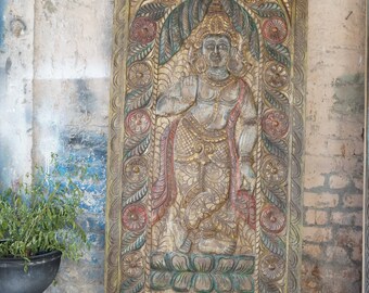 Vintage Fluting Krishna Wall Art, Sliding Barn Door, Krisna Dancing on Lotus, Colorful India Wall Art, Krishna Carved Wood Custom Barn Door