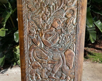 Antiqued Fluting Krishna with Cow, Rustic Vintage Wood Indian Carving, Blue Hues Carved Wall Sculpture, Boho Unique Eclectic 84