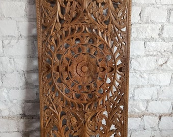 Lotus Tranquility: Vintage India Carved Sliding Door, Brown Lattice Carved Ornate Architectural Elegance for Inspired Interiors, 80x36