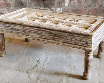 Rustic Whitewash Coffee Table, Chai Table, Brass Accents, Living Room Table, Farmhouse Table, Unique Eclectic