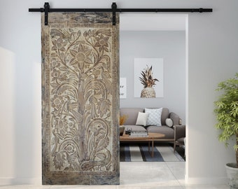 Tree of Life Carved Door, Whitewash Vintage Wood Barn Door, Sliding Door, Resort, Accent Wall Art, Kalpavrikha India Carved Door 96x40