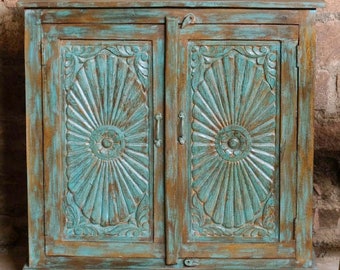 Antique Blue Rustic Ornate Chakra Chest Floral Carved Door Sideboard, Teak, Cabinet Reclaimed Wood Storage Chest BOHO FARMHOUSE DECOR