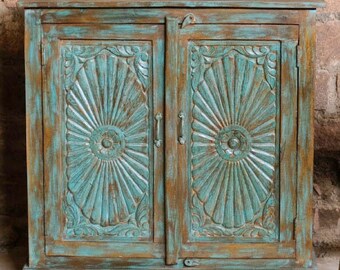 Antique Blue Rustic Ornate Chakra Chest Floral Carved Door Sideboard, Teak, Cabinet Reclaimed Wood Storage Chest BOHO FARMHOUSE DECOR