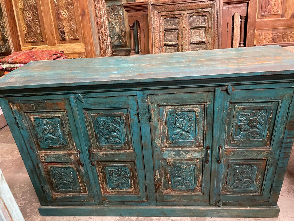 Vintage Rustic Blue Sideboard Carved Wood Console Buffet Etsy
