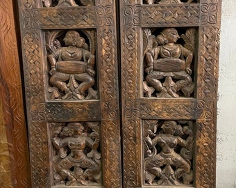 Vintage Reclaimed Carved Wood Barn Doors, Hand Carved Doors, Indian Door, Dancing Apsara Wall Decor, Artistic Sculptures, Home decor 72x36