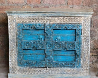 Rustic Jaipur Blue Antique Doors Chest Floral Hand Carved Old Wood Sideboard Vanity Table Cabinet