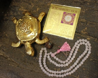 Abundance Shri Sai Altar, Sainath, Saibaba, Rose quartz Prayer Beads, Rudraksha Yoga Mala, Sacred Geometry, Meru YAntra on Tortoise