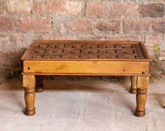 Chai Table, Antique Indian Ceiling Coffee Table, Carved Lotus Rustic Farmhouse Table, Unique Eclectic, Country Ranch Decor