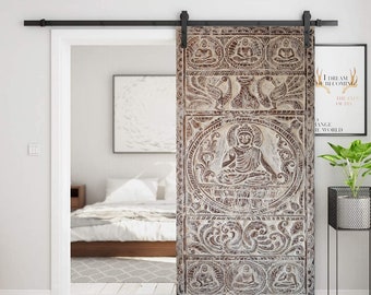 Buddha Wall Art, Artistic Carved Doors, Vintage Whitewashed Budha Mudras Door, Yoga Room, Sliding Barn Door, Statement, Wellness Decor, 83