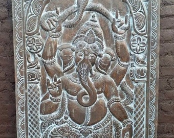 Vintage Carved Ganesha Panel,Hindu God of Wealth, Indian Wall Panel, Barn Door Artistic Hand-Carved Wall Art Hallway Decor