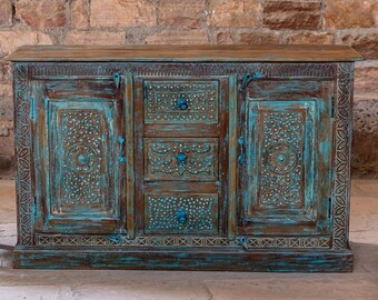 Distressed Blue Cabinet, Artisan Crafted Brass Studs Sideboard, Carved Floral Buffet With drawer, Dresser, Rustic TV Credenza, NEW SHIPMENT