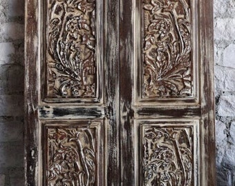 Pair of Indian Carved Barn Doors, Reclaimed wood Barndoor, Sliding Door, Gulmohar, Vintage, Whitewash, Rustic Decorative Door Panel, 80x26