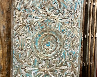 Metallic Blue accents Carved Sliding Barn Door, Reclaimed wood lotus Door, Maximalist, Eclectic, Coastal Statement Design 80x36