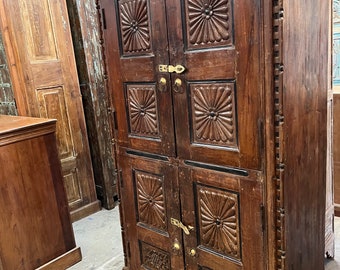 Antique Indian cabinet, Hand carved 4 Door Armoire, Earthy Woods Storage Armoire, Sunburst Carved Doors with Brass Hardware 66x40