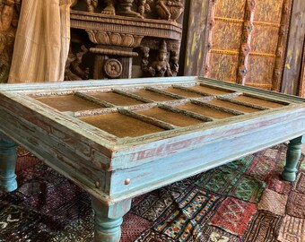 Turquoise Indian Door Coffee Table, Antique Brass Door Coffee Table, Rustic CHAI TABLE, Vintage Distressed Accent Table, Eclectic Decor
