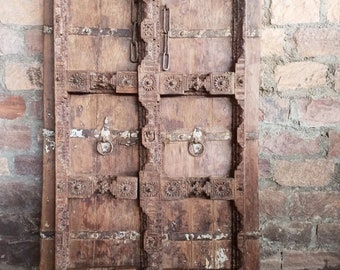Antique Teak Doors, Rustic Farmhouse Doors, Haveli India Doors, Ranch Veranda Doors, Country Garden Patio Doors, Unique Eclectic, 78x45