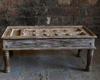 Rustic Whitewash Vintage Cocktail Coffee Table, Chai Table, Brass Accent Living Room Table, Indian Door Table, Hand Carved Table, Home Decor