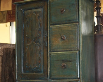 Vintage End Table, Rustic Nightstand, Accent Table, Hand carved Teals Solid Wood Cabinet, 3 Drawers Chest BLACK FRIDAY