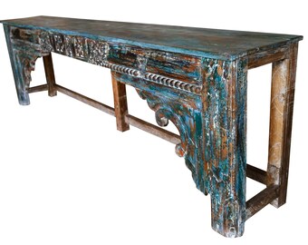Blue Antique Sofa table, Vintage Carved Console Table, Hall Table Handcrafted Floral Design Entryway Accent Reclaimed Rustic Furniture