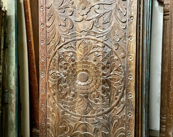 Lotus Mandala Carving Single Door Panel, Vintage Wood Barn door, Holistic Wall Art, Bedroom, Yoga Barn Doors, King Headboard, 80x36