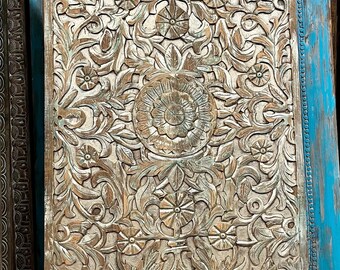 Carved Sliding Barn Door, Metallic accents, Reclaimed wood lotus Door, Headboard, Statement, Eclectic Boho Rustic Modern Decor 80x36