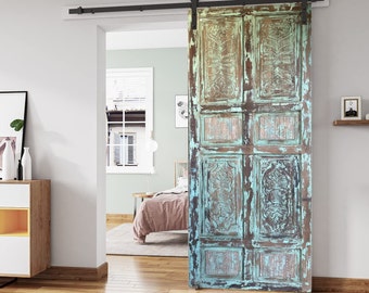 Hand Carved Barn Door Panel, Green Vintage Paneled Door, Bedroom Door, Interior, Reclaimed wood Door, Spanish Style Statement Doors, 96