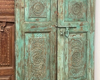 Rustic Farmhouse Doors, Antique Teak Wood Doors, Distressed Blue, Intricate Carved Mediterranean Barn Doors, 80