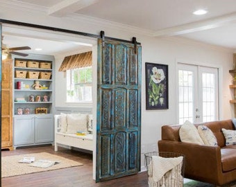 Indian Reclaimed Wood Vintage Blue Barn Door, Artisan Carved Reclaimed Wood Panel, Rustic Architectural Unique Eclectic
