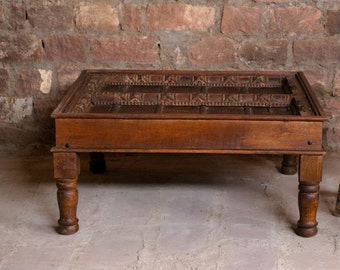 Antique Coffee Table, Hand Carved Haveli Window Brown Rustic Wood Chai Tables, Cocktail Table, Interior Design 43x36x22