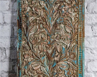 Tree of Life Sliding Barn Door, Distress Wood Blue Vintage Wood, Artistic Barndoors, Single, Double, Old World India Carved Doors, 80x36