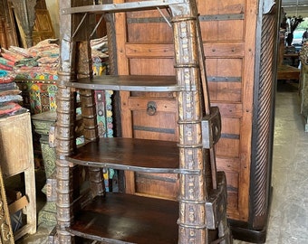 Antique Ox Cart Display Shelf, Bookcase Cabinet Teak Old World Bookshelf Rustic Furniture Eclectic Farmhouse