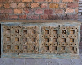 Antique Indian Doors Rustic Credenza, Farmhouse Patio Cabinet Storage, Jodhpur Sage Sideboard, Kitchen Buffet, Media Chest