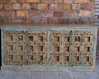 Antique Indian Doors Rustic Credenza, Farmhouse Cabinet Storage, Rustic Sage Sideboard, Kitchen Buffet, Media Chest, Eclectic Old World